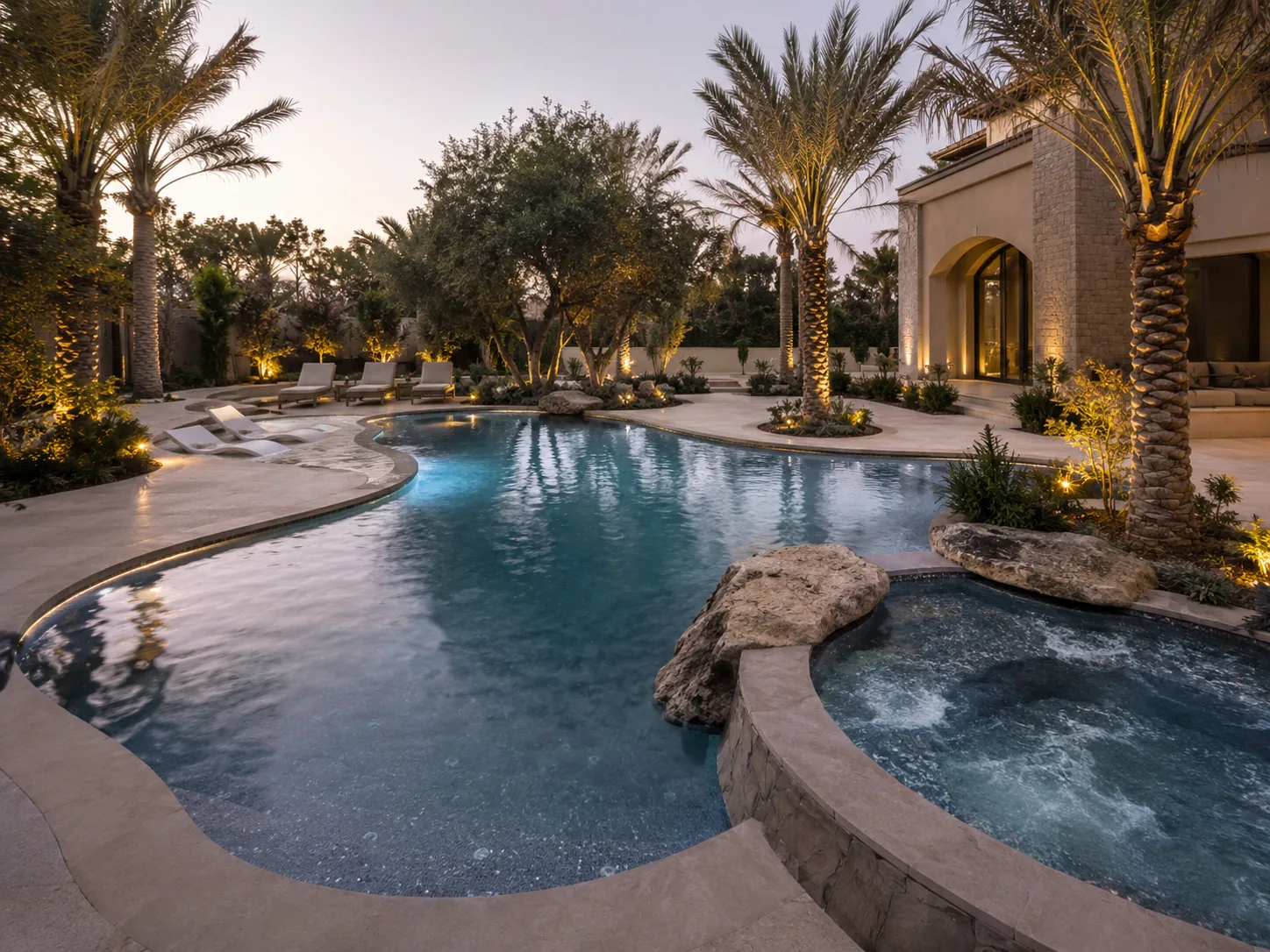 Curved villa swimming pool with an integrated spa area