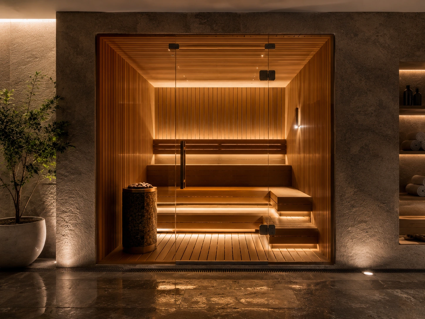 Glass-front timber sauna with tiered benches and concealed warm lighting