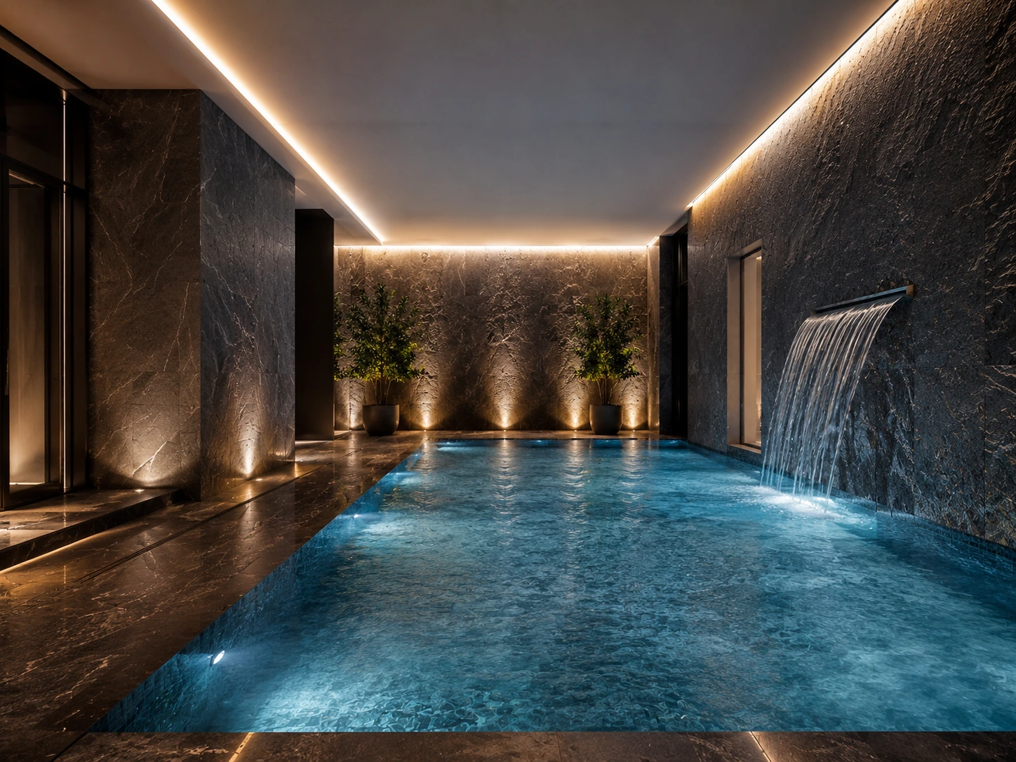 Indoor swimming pool with dark stone walls, concealed lighting and a waterfall