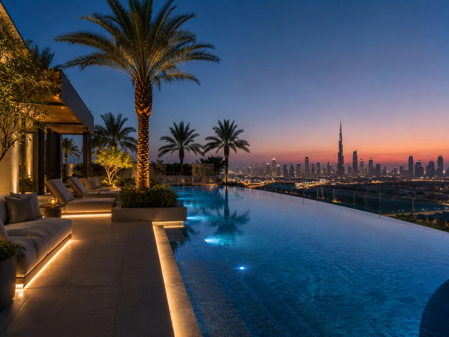 Infinity swimming pool overlooking the Dubai skyline with illuminated palm trees