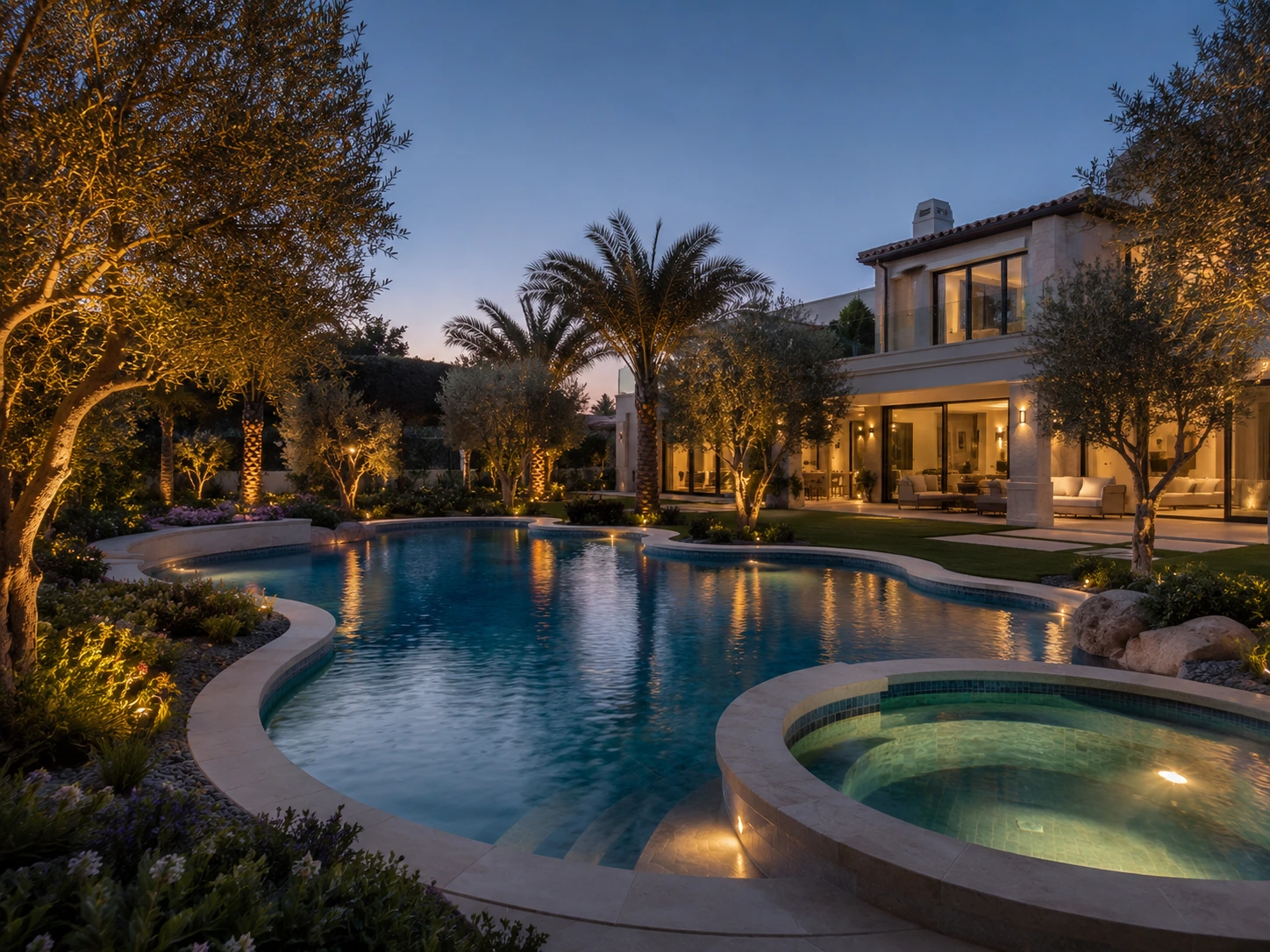 Curved landscaped villa swimming pool with an integrated circular spa and garden lighting