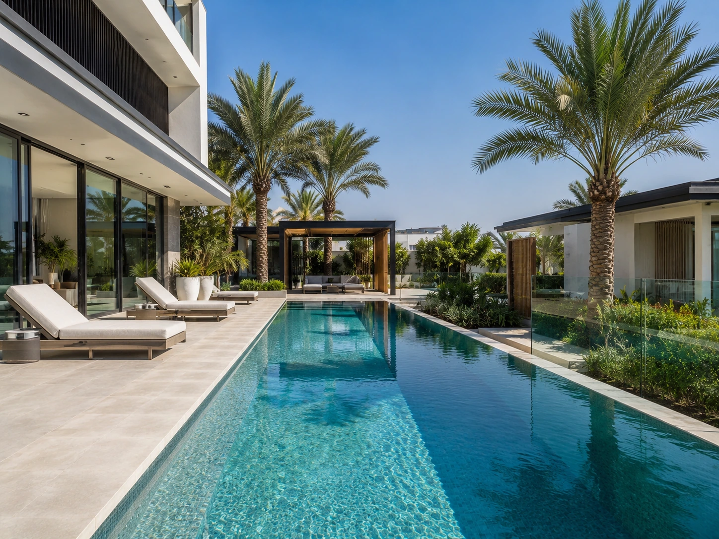 Modern villa with a long rectangular swimming pool, palm trees and a pale stone deck