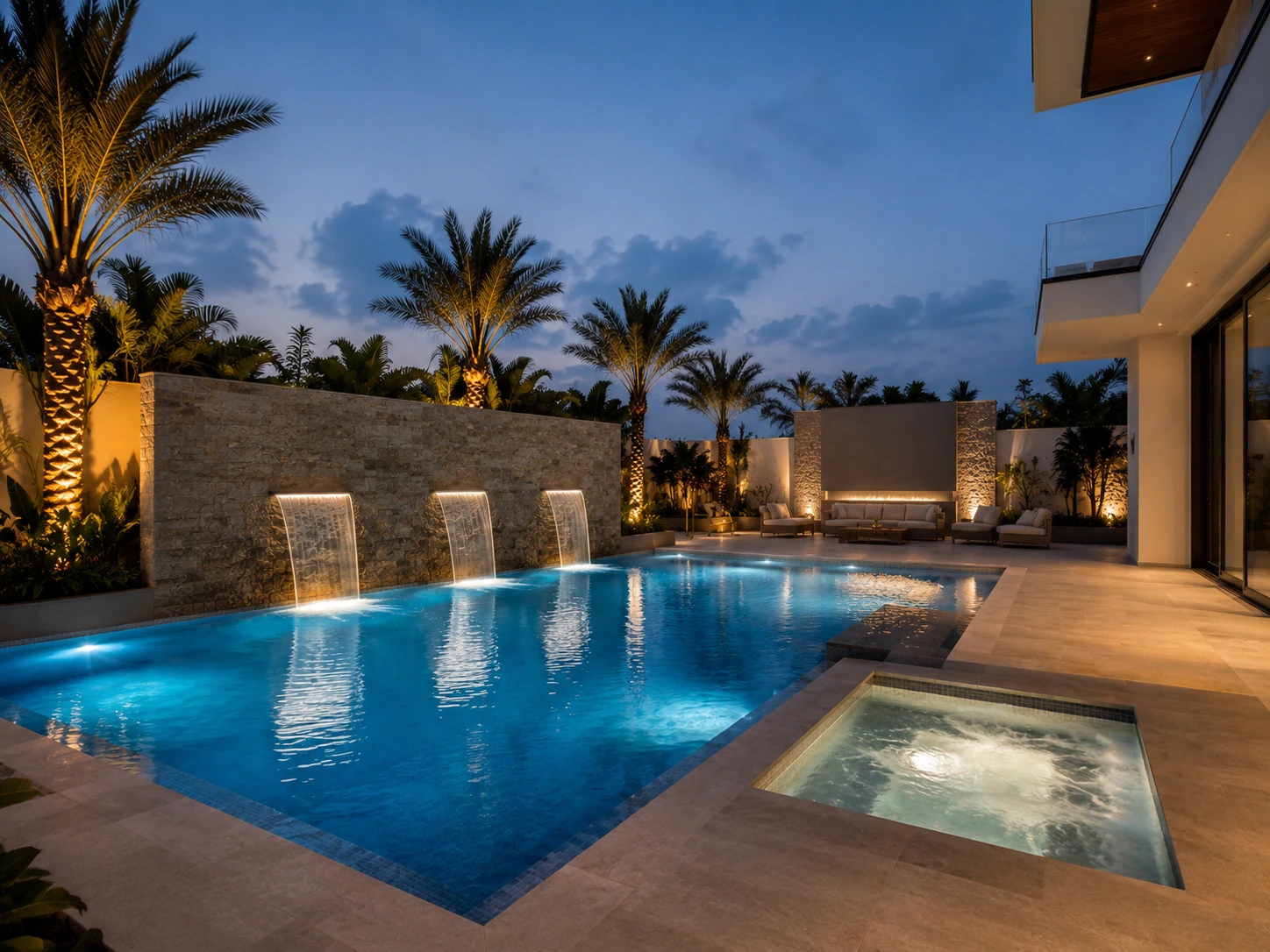 Villa swimming pool with three wall waterfalls and an integrated spa at dusk