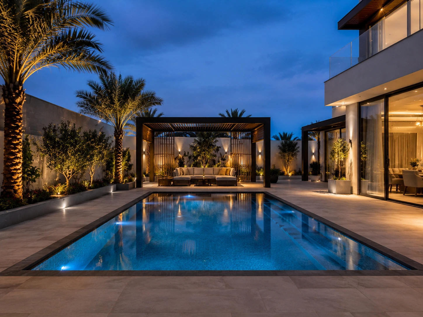 Illuminated villa swimming pool with a shaded pergola and landscaped garden at dusk