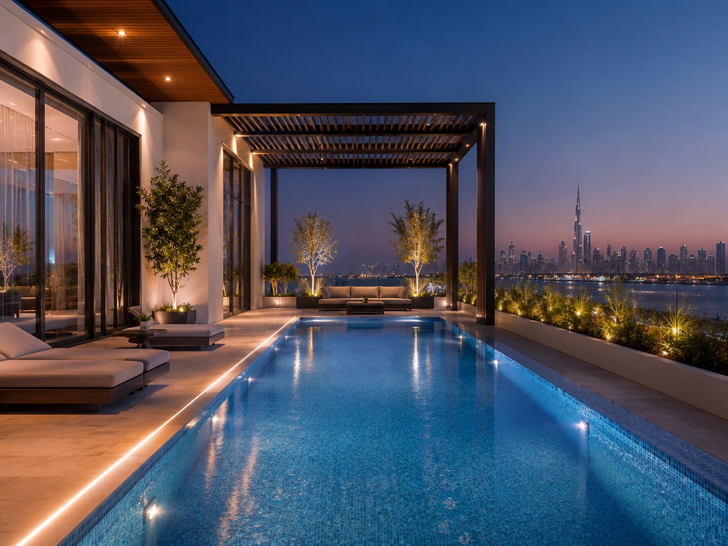 Rooftop swimming pool with pergola seating and a Dubai skyline view at twilight