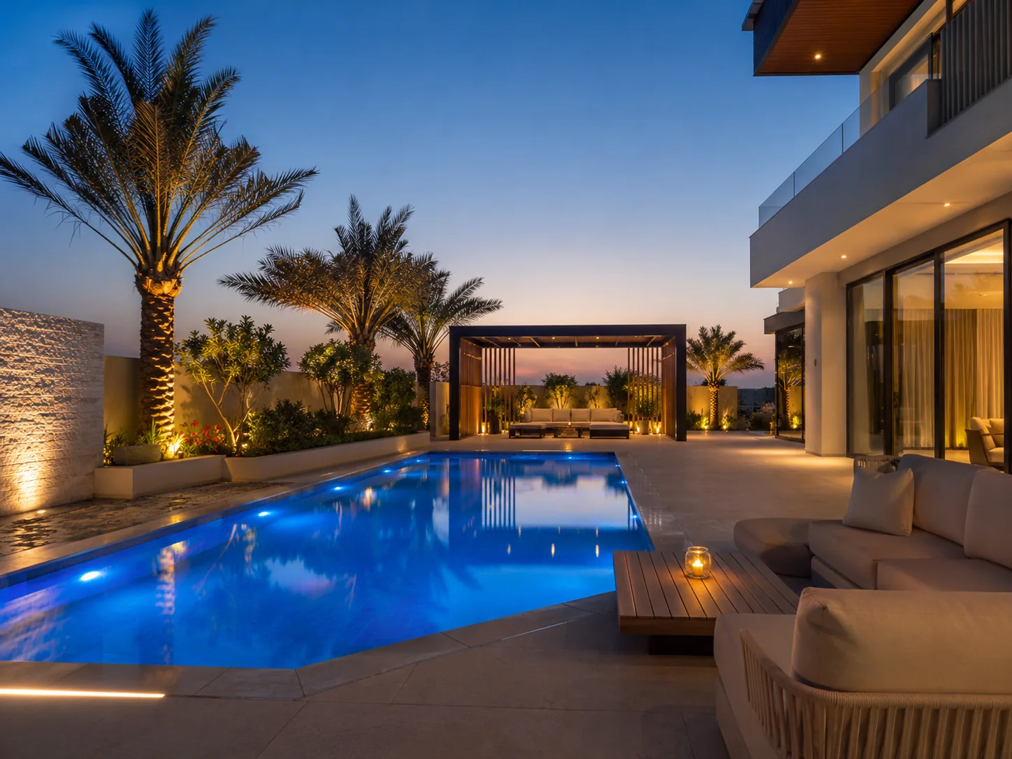 Illuminated private villa pool with a pergola and landscaped deck