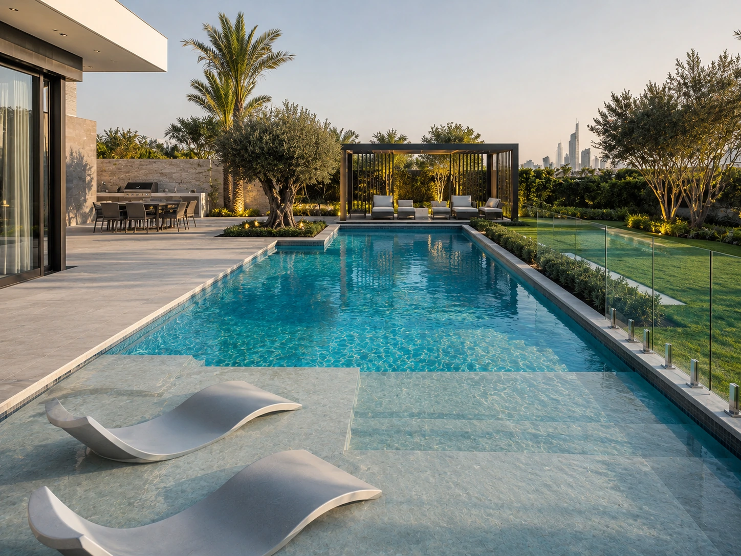 Modern villa swimming pool with a shallow sun shelf, loungers and glass balustrade